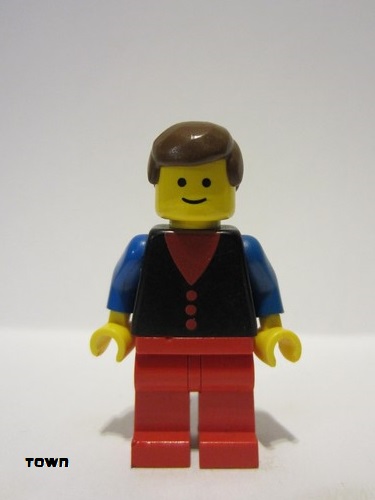 lego 1980 mini figurine but030 Citizen Shirt with 3 Buttons - Red, Blue Arms, Red Legs, Brown Male Hair 