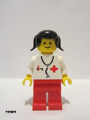 lego 1980 mini figurine doc001a Doctor Stethoscope, Red Legs, Black Pigtails Hair (Vintage) 