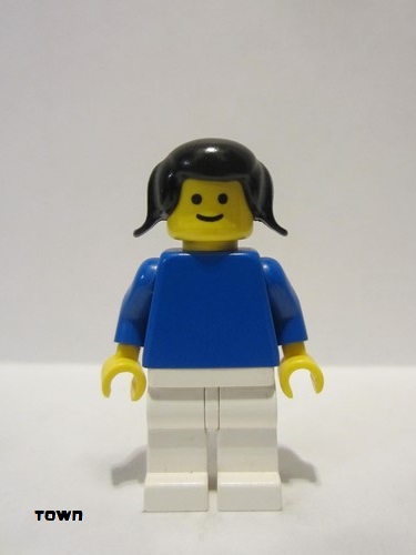 lego 1980 mini figurine fmf002 Citizen Plain Blue Torso with Blue Arms, White Legs, Black Pigtails Hair 