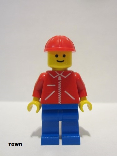 lego 1980 mini figurine jred010 Citizen Jacket Red with Zipper - Red Arms - Blue Legs, Red Construction Helmet 