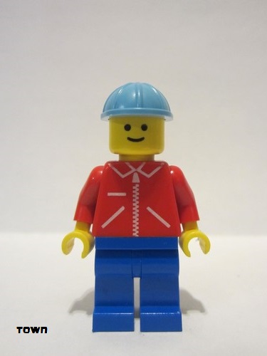lego 1980 mini figurine jred013 Citizen Jacket Red with Zipper - Red Arms - Blue Legs, Maersk Blue Construction Helmet 
