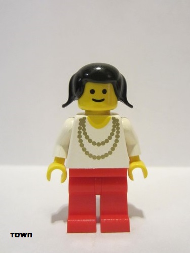 lego 1980 mini figurine ncklc004 Citizen Necklace Gold - Red Legs, Black Pigtails Hair 
