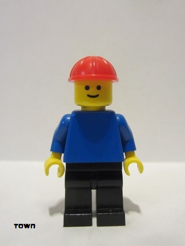 lego 1980 mini figurine pln037 Citizen Plain Blue Torso with Blue Arms, Black Legs, Red Construction Helmet 