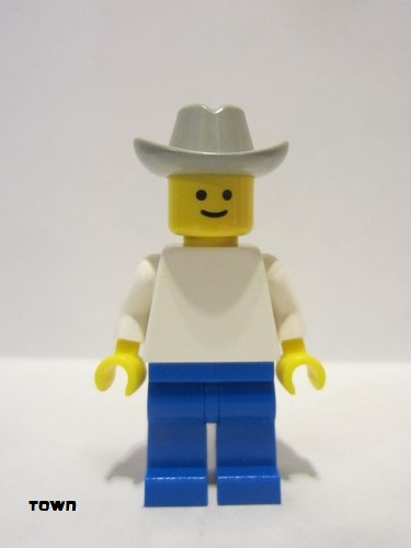 lego 1980 mini figurine pln078 Citizen Plain White Torso with White Arms, Blue Legs, Light Gray Cowboy Hat 