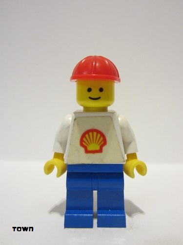 lego 1980 mini figurine shell014 Shell Classic - Blue Legs, Red Construction Helmet (Torso with Trapezoid Sticker) 