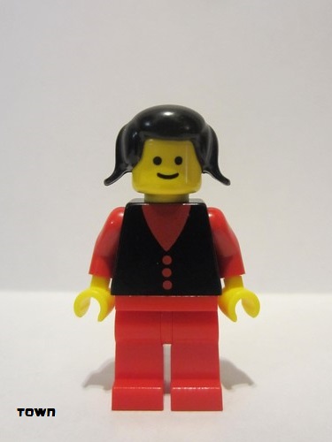 lego 1981 mini figurine but004 Citizen Shirt with 3 Buttons - Red, Red Arms, Red Legs, Black Pigtails Hair 