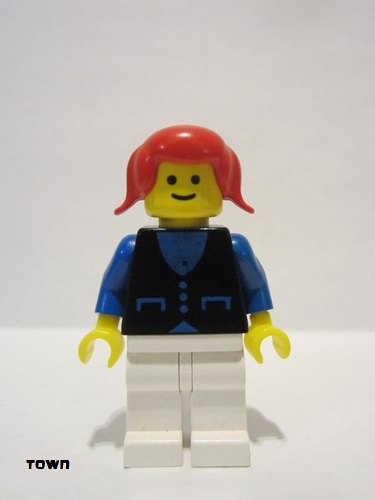 lego 1981 mini figurine but034 Citizen Shirt with 3 Buttons - Blue, White Legs, Red Pigtails Hair 
