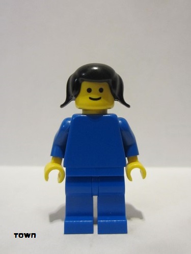 lego 1981 mini figurine trn110 Citizen Plain Blue Torso with Blue Arms, Blue Legs, Black Pigtails Hair 