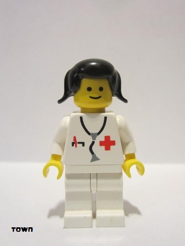 lego 1982 mini figurine doc030 Doctor Stethoscope, White Legs, Black Pigtails Hair 