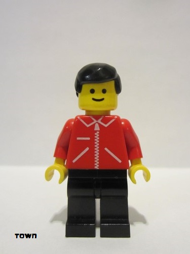 lego 1982 mini figurine jred009 Citizen Jacket Red with Zipper - Red Arms - Black Legs, Black Male Hair 