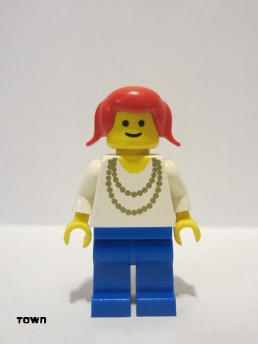 lego 1982 mini figurine ncklc011 Citizen Necklace Gold - Blue Legs, Red Pigtails Hair 
