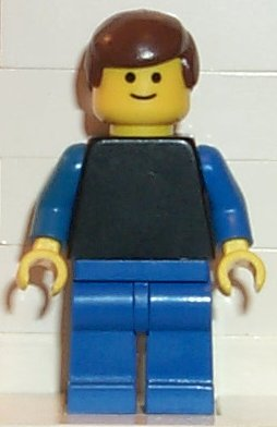 lego 1982 mini figurine pln087 Citizen Plain Black Torso with Blue Arms, Blue Legs, Brown Male Hair 