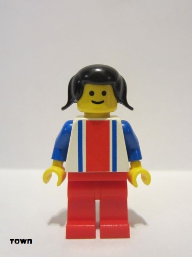 lego 1982 mini figurine ver010 Citizen Vertical Lines Red & Blue - Blue Arms - Red Legs, Black Pigtails Hair 