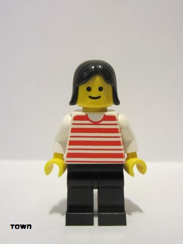 lego 1983 mini figurine hor020 Citizen Horizontal Lines Red - White Arms - Black Legs, Black Female Hair 