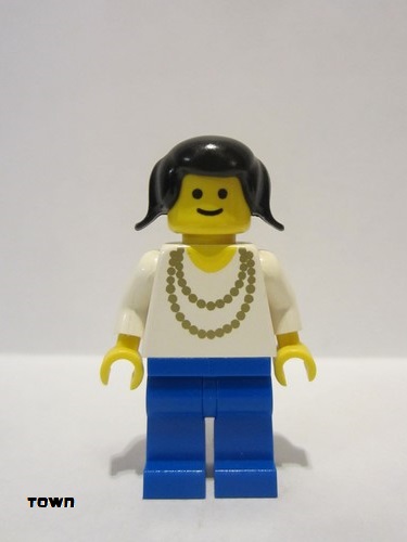 lego 1983 mini figurine ncklc009 Citizen Necklace Gold - Blue Legs, Black Pigtails Hair 