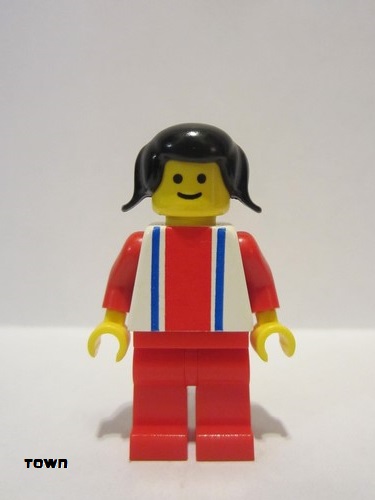 lego 1983 mini figurine ver007 Citizen Vertical Lines Red & Blue - Red Arms - Red Legs, Black Pigtails Hair 