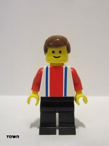 lego 1984 mini figurine ver003 Citizen Vertical Lines Red & Blue - Red Arms - Black Legs, Brown Male Hair 