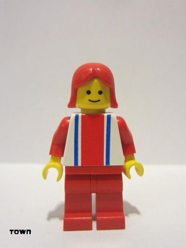 lego 1984 mini figurine ver006 Citizen Vertical Lines Red & Blue - Red Arms - Red Legs, Red Female Hair 