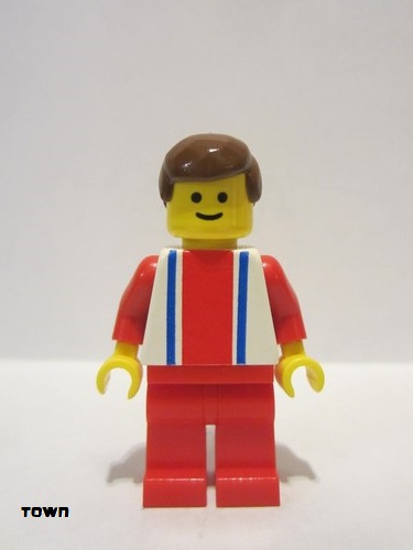lego 1984 mini figurine ver009 Citizen Vertical Lines Red & Blue - Red Arms - Red Legs, Brown Male Hair 
