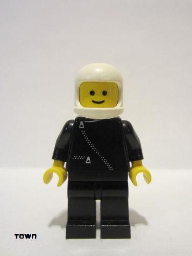 lego 1984 mini figurine zip021 Citizen Jacket with Zipper - Black, Black Legs, White Classic Helmet 
