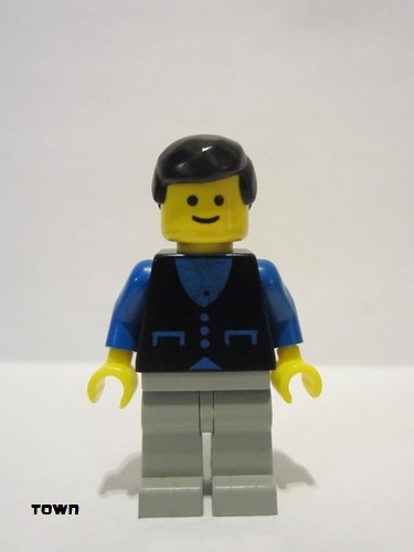 lego 1985 mini figurine but003 Citizen Shirt with 3 Buttons - Blue, Light Gray Legs, Black Male Hair 