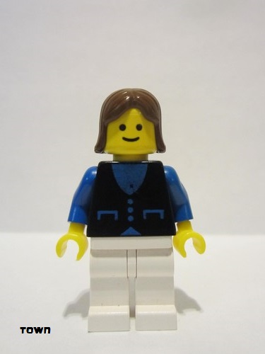 lego 1985 mini figurine but035 Citizen Shirt with 3 Buttons - Blue, White Legs, Brown Female Hair 