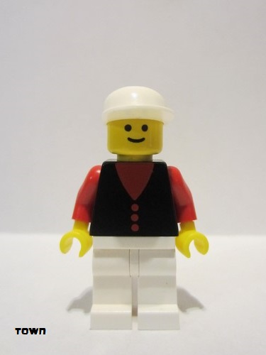 lego 1985 mini figurine but036 Citizen Shirt with 3 Buttons - Red, Red Arms, White Legs, White Cap 