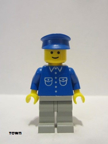 lego 1985 mini figurine but037 Citizen Shirt with 6 Buttons - Blue, Light Gray Legs, Blue Hat 