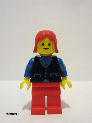 lego 1985 mini figurine but038 Citizen Shirt with 3 Buttons - Blue, Red Legs, Red Female Hair 
