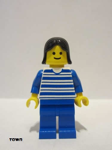 lego 1985 mini figurine hor002 Citizen Horizontal Lines Blue - Blue Arms - Blue Legs, Black Female Hair 