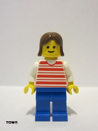 lego 1985 mini figurine hor006 Citizen Horizontal Lines Red - White Arms - Blue Legs, Brown Female Hair 