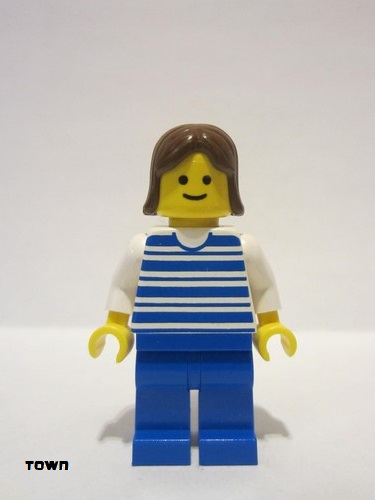 lego 1985 mini figurine hor007 Citizen Horizontal Lines Blue - White Arms - Blue Legs, Brown Female Hair 