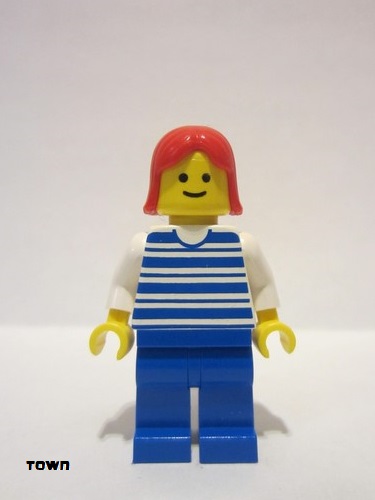 lego 1985 mini figurine hor010 Citizen Horizontal Lines Blue - White Arms - Blue Legs, Red Female Hair 