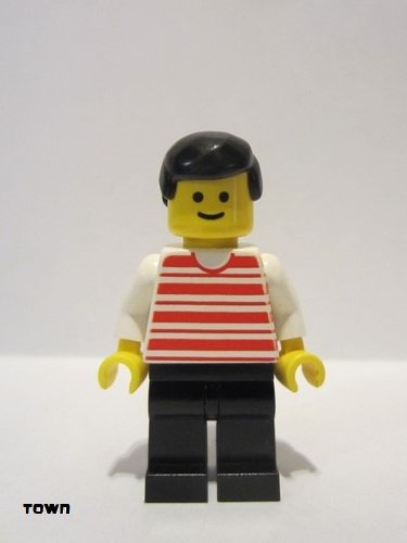 lego 1985 mini figurine hor012 Citizen Horizontal Lines Red - White Arms - Black Legs, Black Male Hair 