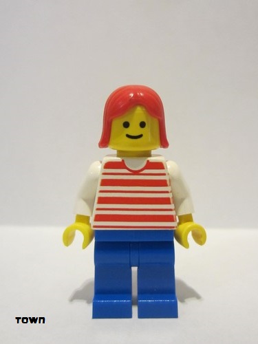 lego 1985 mini figurine hor027 Citizen Horizontal Lines Red - White Arms - Blue Legs, Red Female Hair 