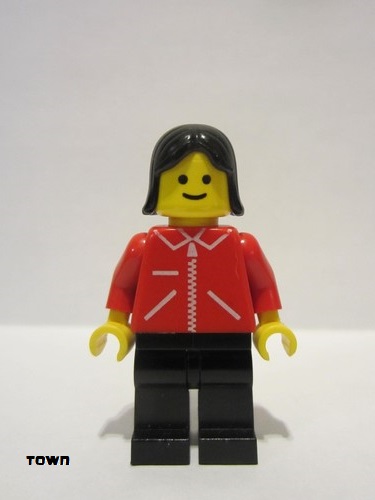 lego 1985 mini figurine jred020 Citizen Jacket Red with Zipper - Red Arms - Black Legs, Black Female Hair 