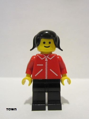 lego 1985 mini figurine jred021 Citizen Jacket Red with Zipper - Red Arms - Black Legs, Black Pigtails Hair 