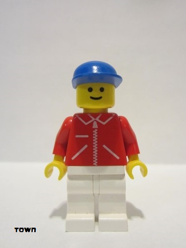 lego 1985 mini figurine jred022 Citizen Jacket Red with Zipper - Red Arms - White Legs, Blue Cap 