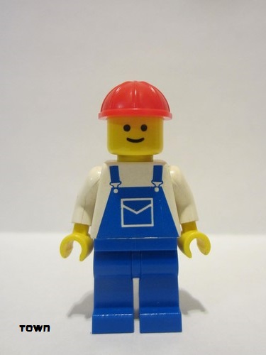 lego 1985 mini figurine ovr001 Citizen Overalls Blue with Pocket, Blue Legs, Red Construction Helmet 