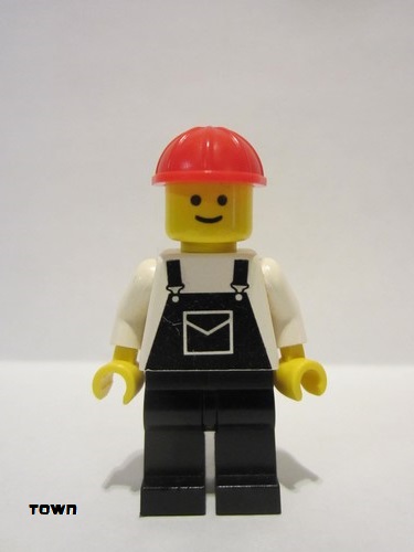 lego 1985 mini figurine ovr007 Citizen Overalls Black with Pocket, Black Legs, Red Construction Helmet 