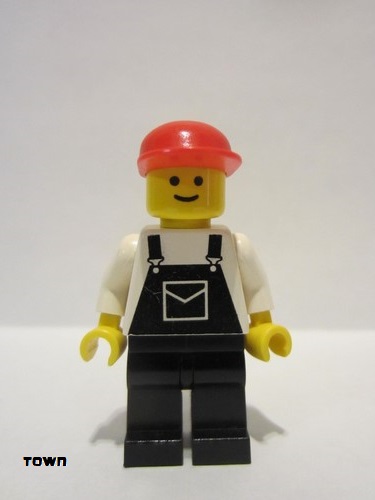 lego 1985 mini figurine ovr014 Citizen Overalls Black with Pocket, Black Legs, Red Cap 