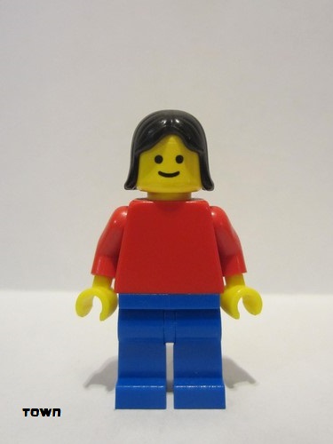 lego 1985 mini figurine pln001 Citizen Plain Red Torso with Red Arms, Blue Legs, Black Female Hair 