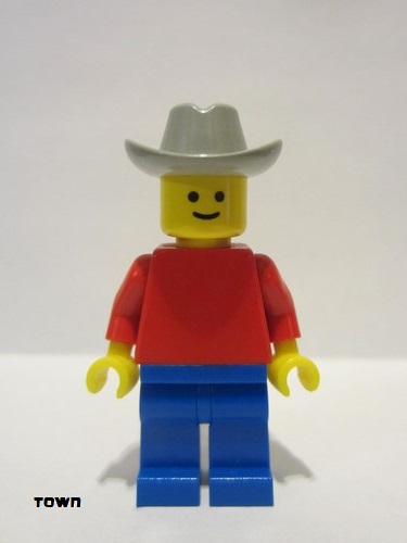 lego 1985 mini figurine pln003 Citizen Plain Red Torso with Red Arms, Blue Legs, Light Gray Cowboy Hat 