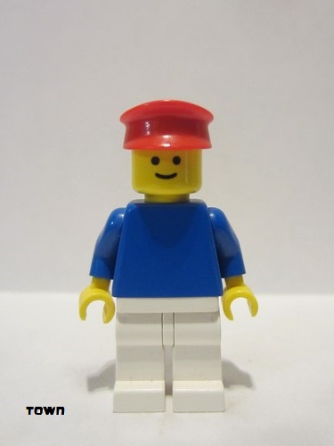 lego 1985 mini figurine pln021 Citizen Plain Blue Torso with Blue Arms, White Legs, Red Hat 