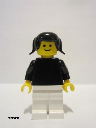 lego 1985 mini figurine pln022 Citizen Plain Black Torso with Black Arms, White Legs, Black Pigtails Hair 