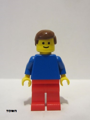 lego 1985 mini figurine pln023 Citizen Plain Blue Torso with Blue Arms, Red Legs, Brown Male Hair 