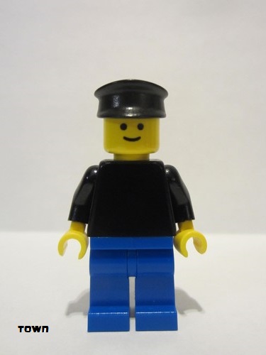 lego 1985 mini figurine pln029 Citizen Plain Black Torso with Black Arms, Blue Legs, Black Hat 
