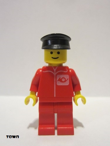 lego 1985 mini figurine post005 Post Office Red Legs, Black Hat 