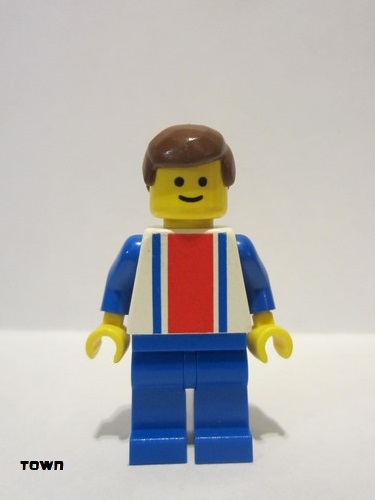 lego 1985 mini figurine ver001 Citizen Vertical Lines Red & Blue - Blue Arms - Blue Legs, Brown Male Hair 