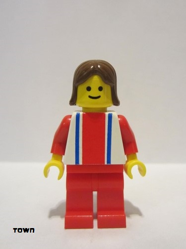 lego 1985 mini figurine ver016 Citizen Vertical Lines Red & Blue - Red Arms - Red Legs, Brown Female Hair 